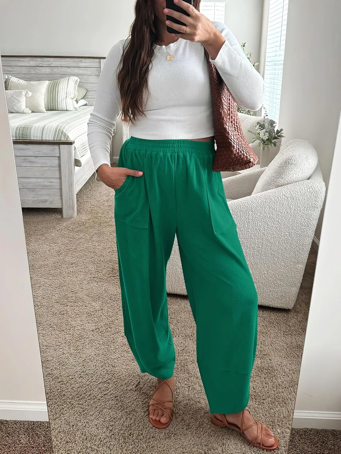 Caracilia Women Barrel Wide Leg Pants Casual Elastic Waist Loose Comfy Spring Vacation Travel Baggy Lounge Sweatpants