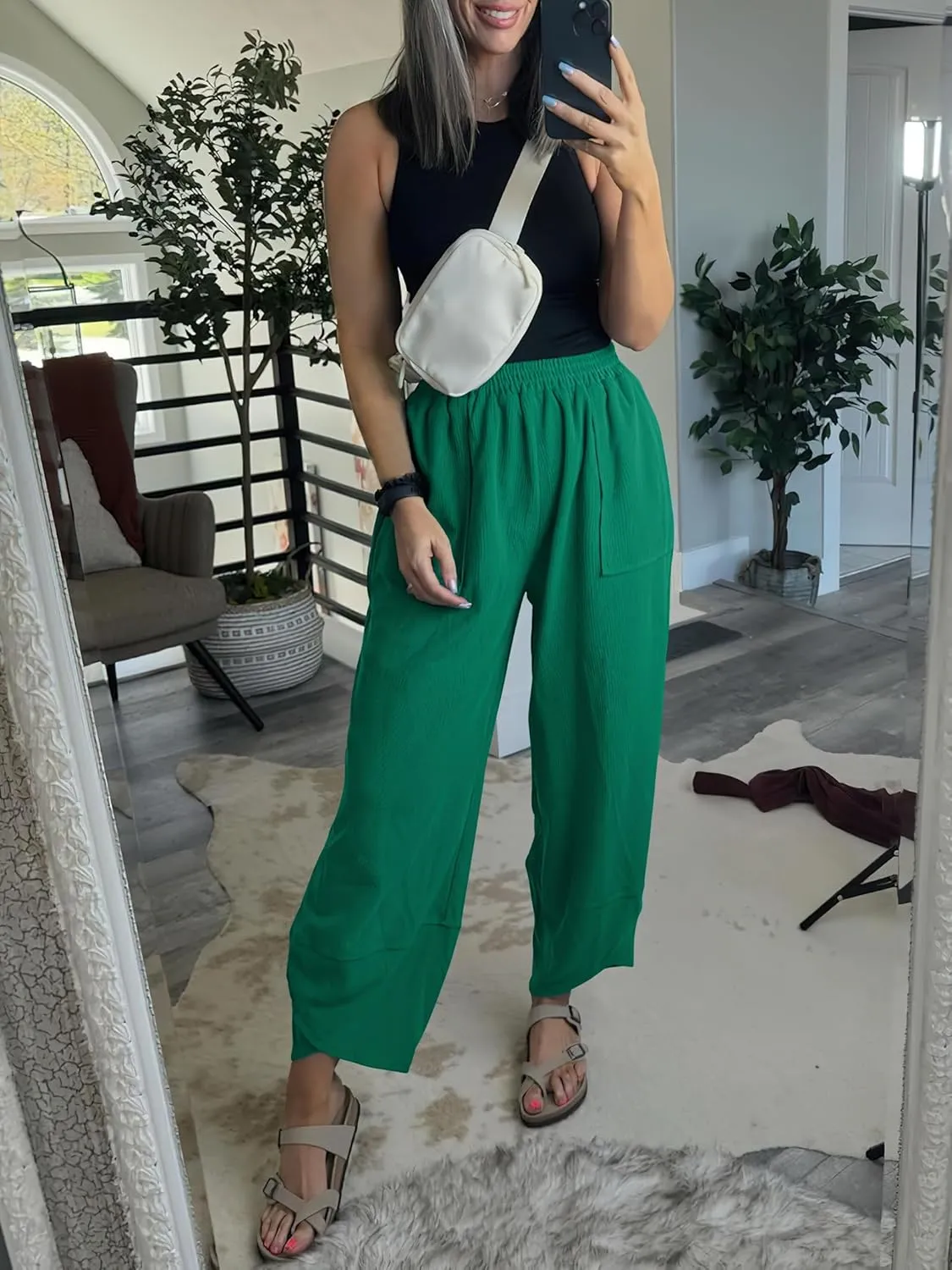 Caracilia Women Barrel Wide Leg Pants Casual Elastic Waist Loose Comfy Spring Vacation Travel Baggy Lounge Sweatpants