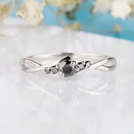 Celtic style dainty 14k white gold black diamond promise ring for her