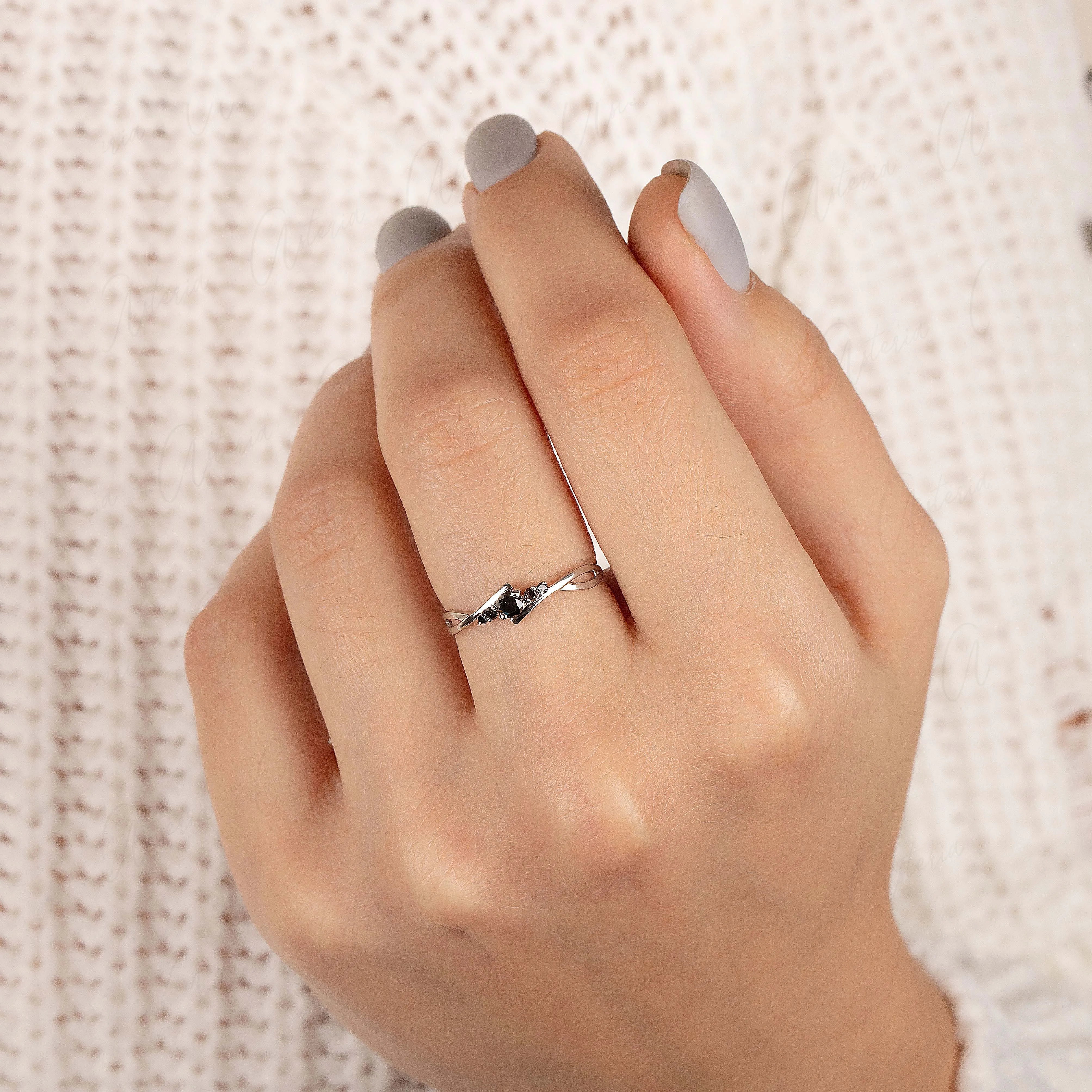 Celtic style dainty 14k white gold black diamond promise ring for her