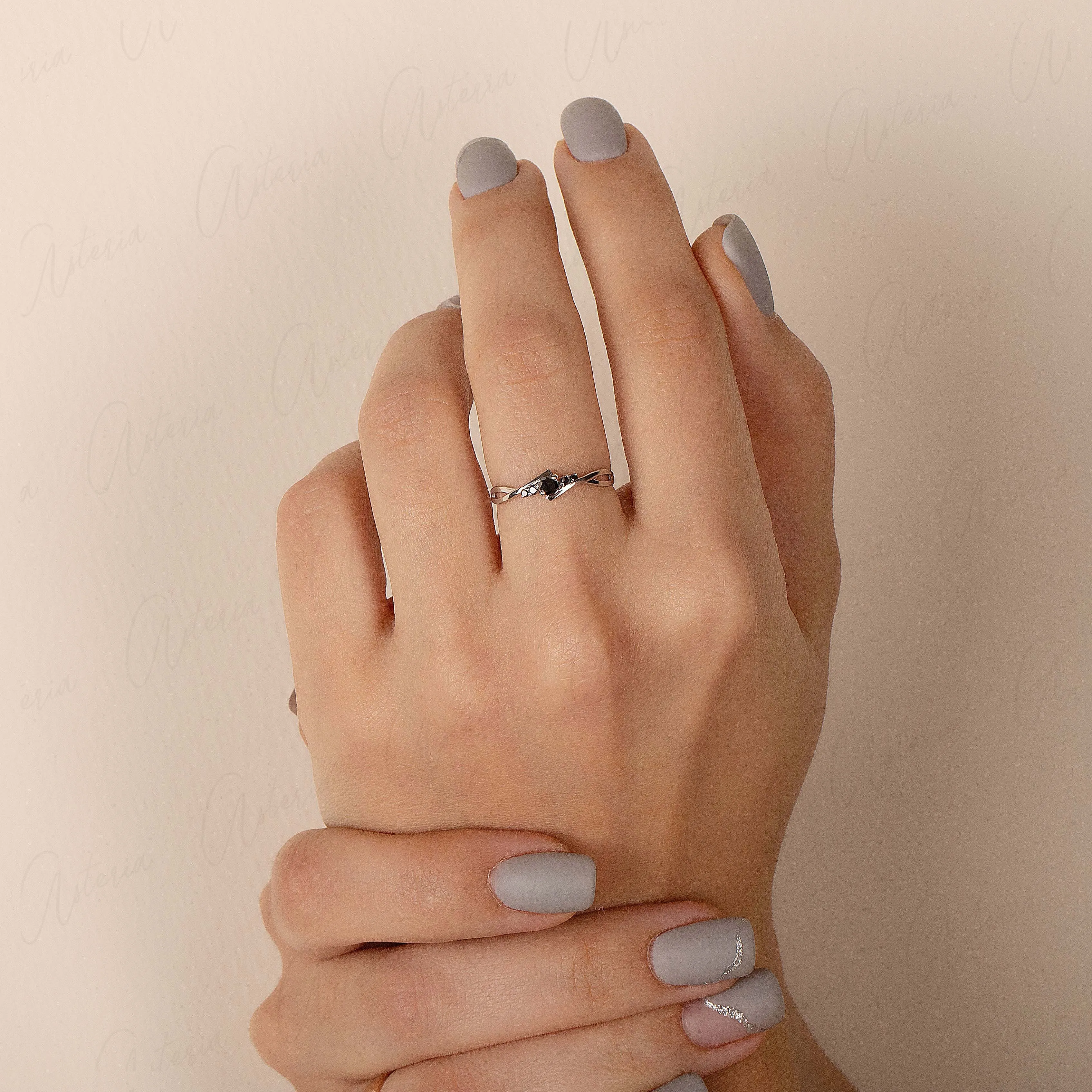 Celtic style dainty 14k white gold black diamond promise ring for her