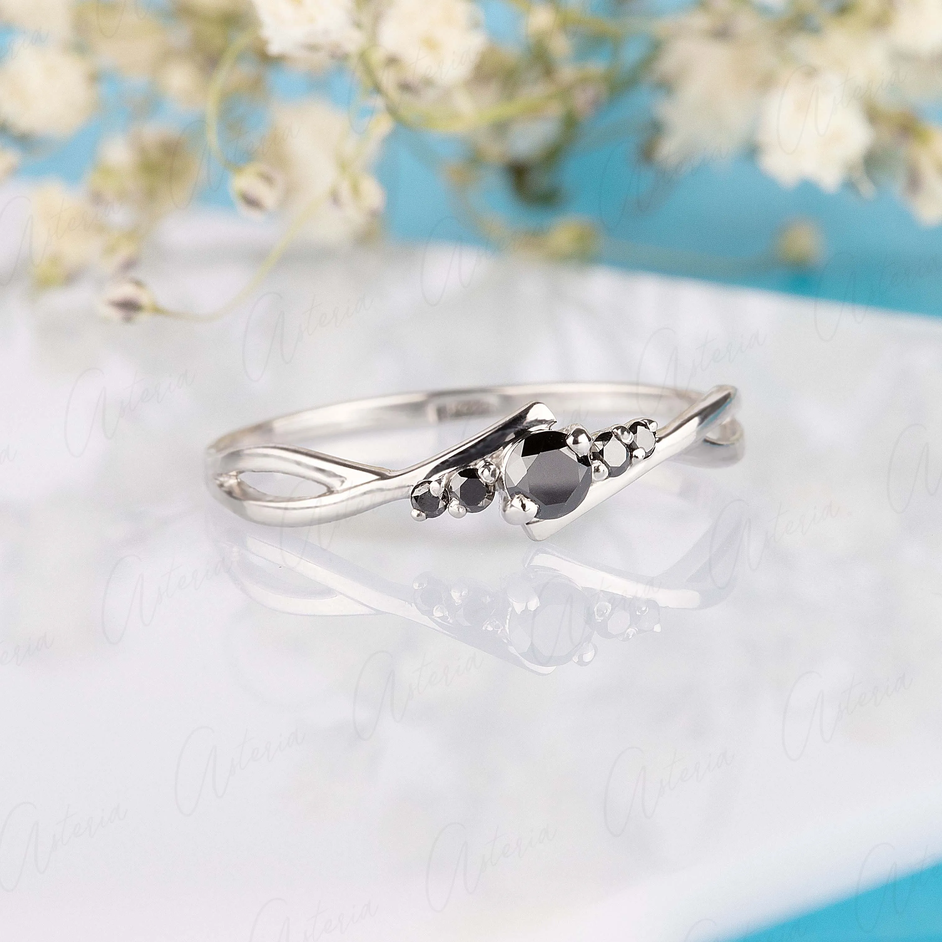 Celtic style dainty 14k white gold black diamond promise ring for her