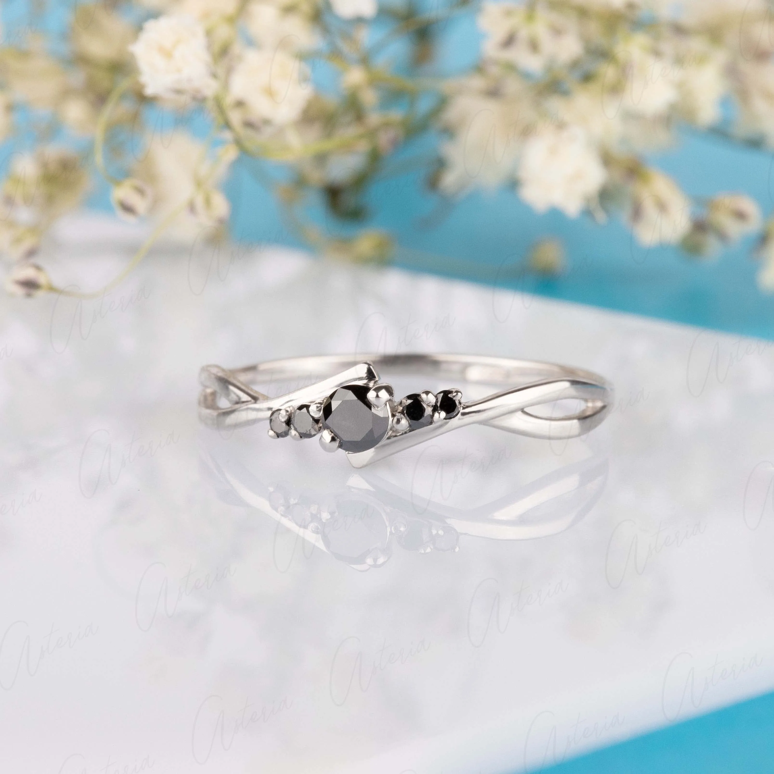 Celtic style dainty 14k white gold black diamond promise ring for her