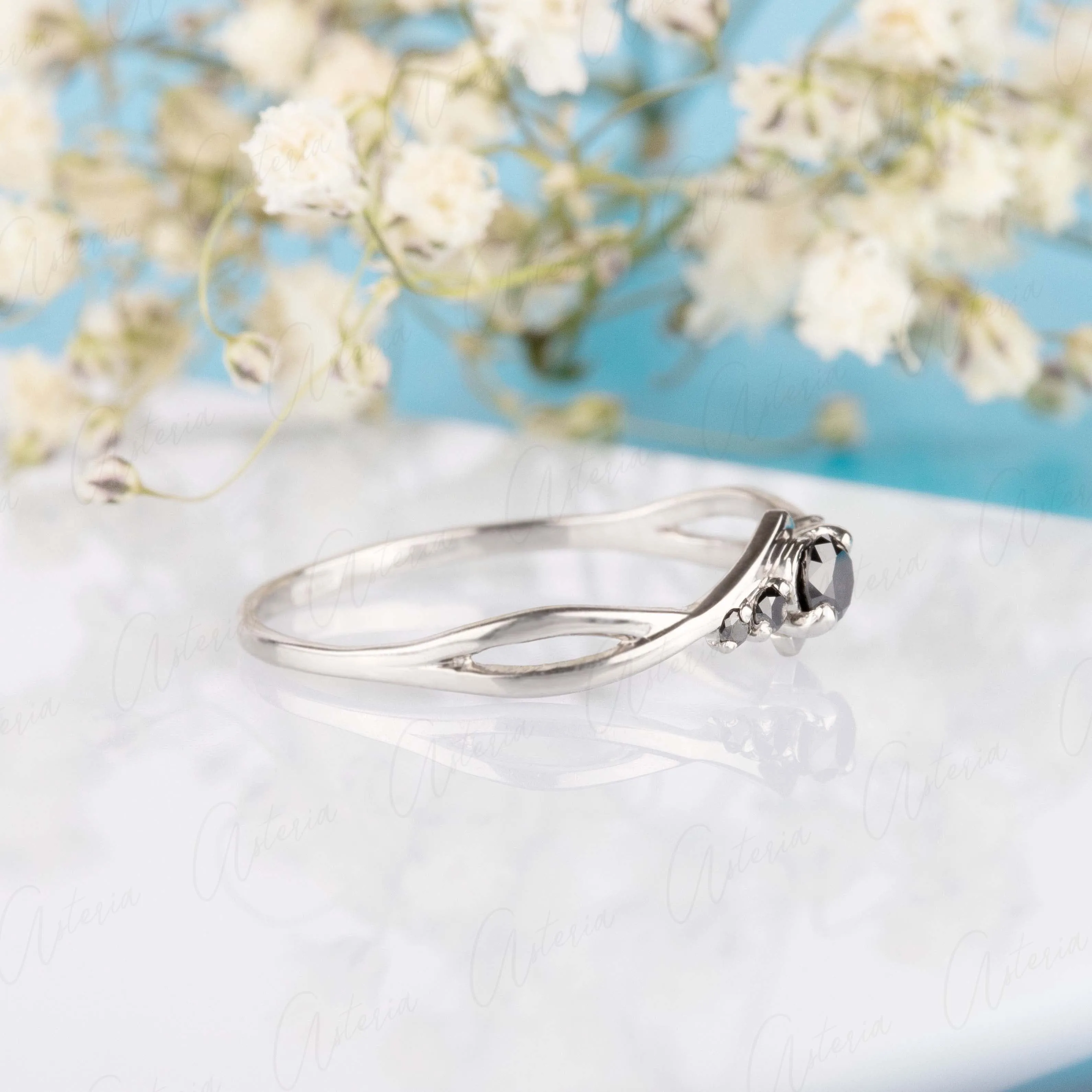 Celtic style dainty 14k white gold black diamond promise ring for her