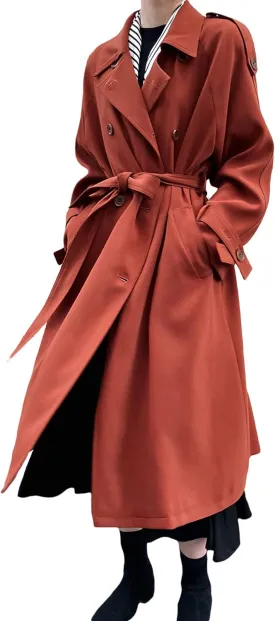 CHARTOU Women's Casual Notched Lapel Double Breasted Long Trench Coat with Belt