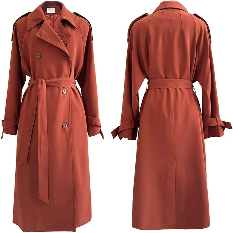 CHARTOU Women's Casual Notched Lapel Double Breasted Long Trench Coat with Belt