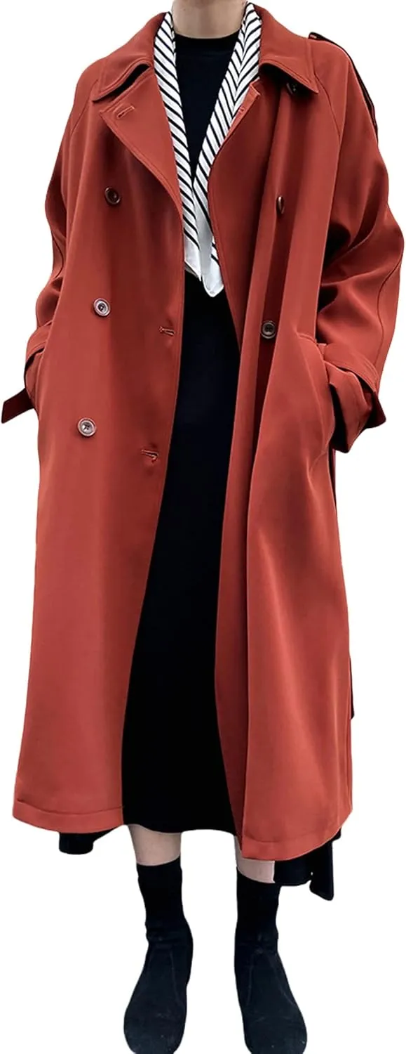 CHARTOU Women's Casual Notched Lapel Double Breasted Long Trench Coat with Belt