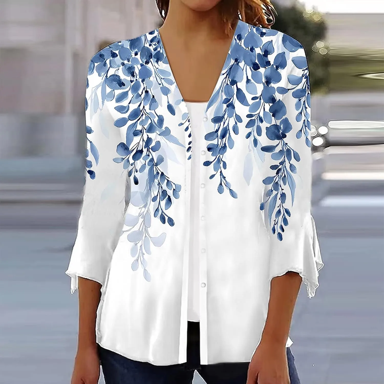 Cover Up for Women Kimonos Summer Swimsuit Ruffle Cardigan 2025 Floral 3/4 Length Sleeve Button Down Cover Up Boho Top