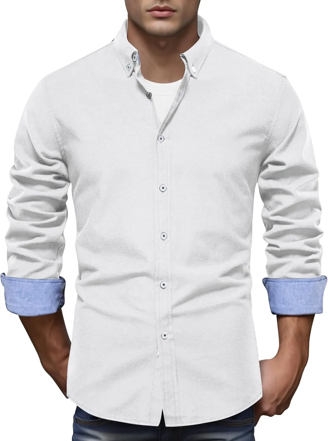 COZYPOIN Mens Dress Shirts Long Sleeve Wrinkle Free Regular Fit Inner Contrast Casual Business Wedding Button Down Shirt
