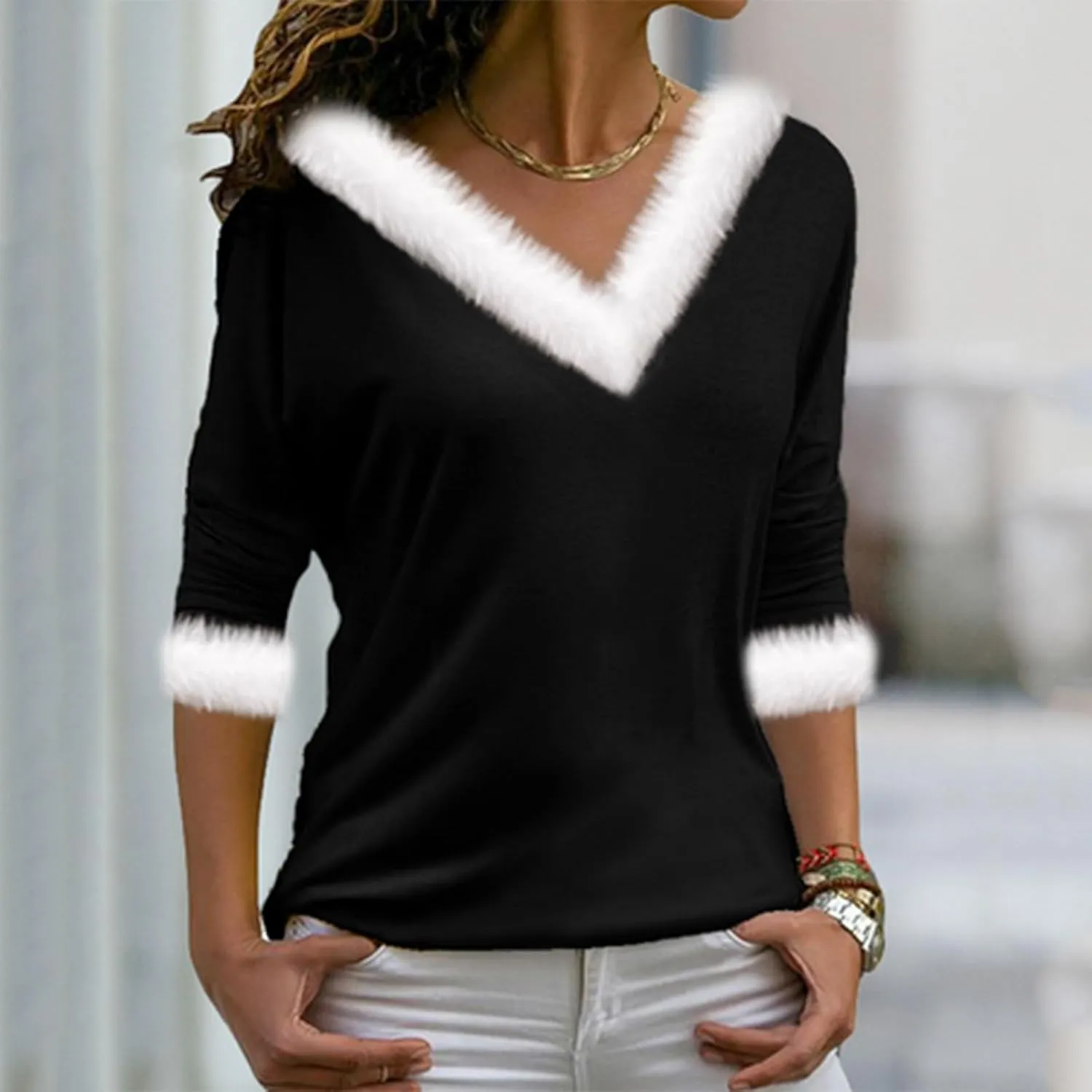 Holiday Tops for Women Dressy Casual Furry Trim V Neck Long Sleeve Christmas Shirts Solid Color Xmas Holiday Blouses Pullover