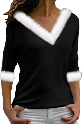 Holiday Tops for Women Dressy Casual Furry Trim V Neck Long Sleeve Christmas Shirts Solid Color Xmas Holiday Blouses Pullover
