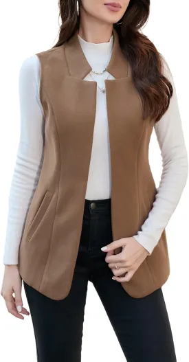 IDEALSANXUN Wool Long Vest for Women Sleeveless Blazer Fall Winter Jackets Trendy Open Front Cardigan Trench Coat Outerwear