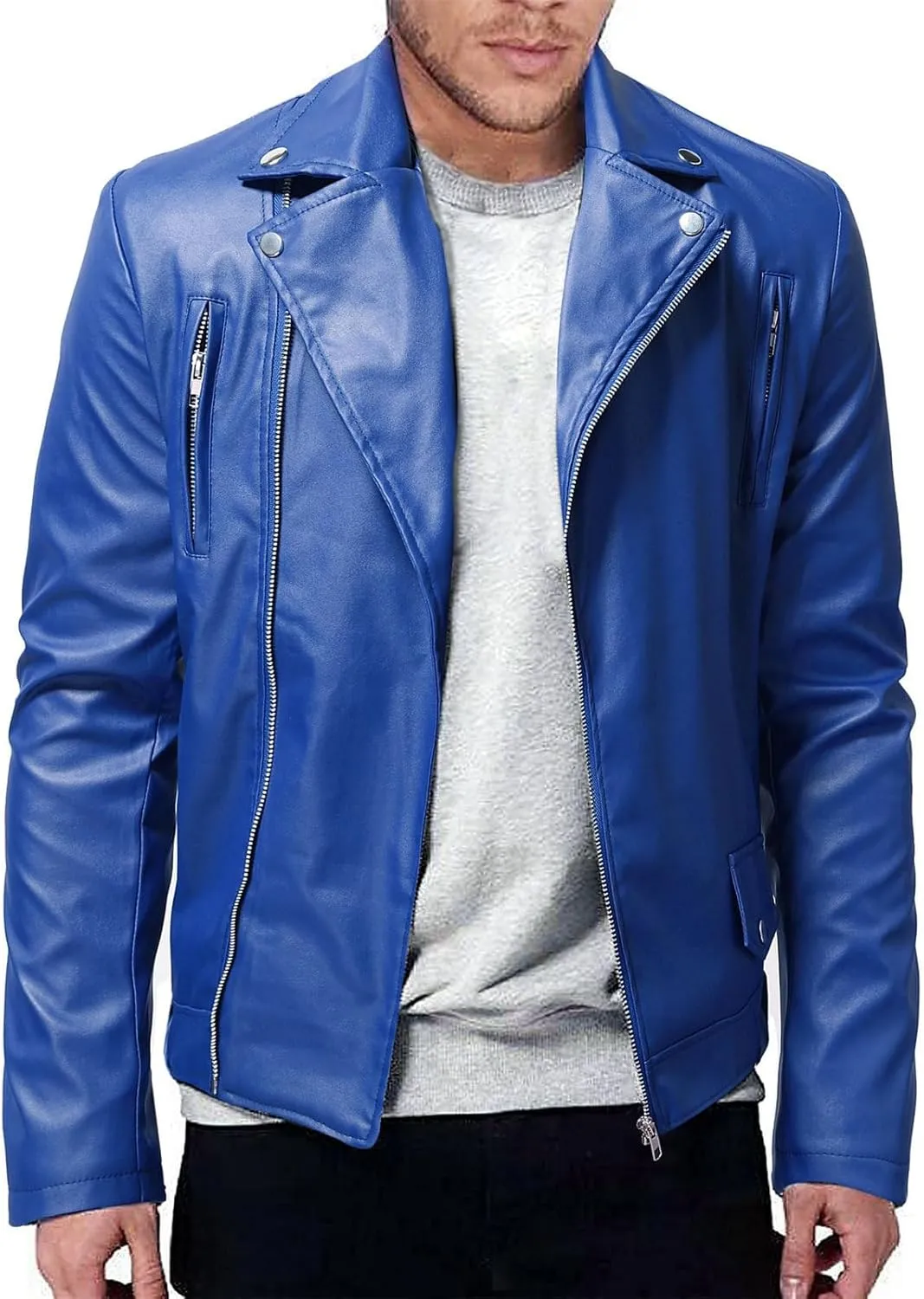 JEsilunmaMY Mens Solid Color Casual Leather Jacket Asymmetric Zip Suit Collar Bomber Coat Fashion Slim Moto Biker Outwear