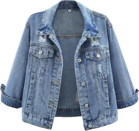Kedera Womens Cropped Denim Jackets Distressed Ripped 3/4 Sleeve Jean Jacket Coats