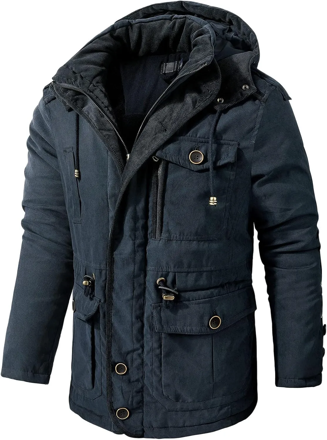 Men's Cargo Jacket 2023 Winter Warm Coats Fleece Lined Jackets with Removable Hood Ski Snow Mountain Windproof Overcoat