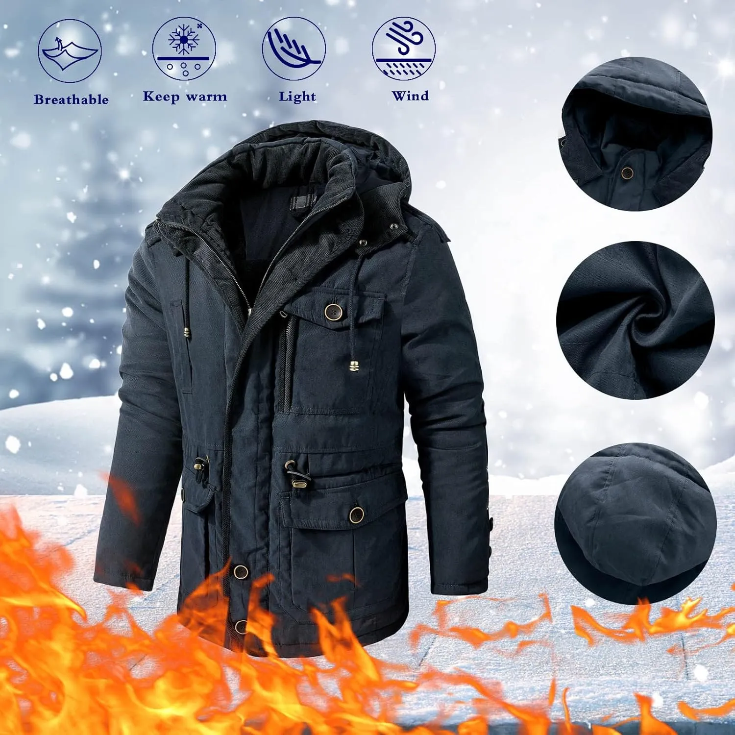 Men's Cargo Jacket 2023 Winter Warm Coats Fleece Lined Jackets with Removable Hood Ski Snow Mountain Windproof Overcoat