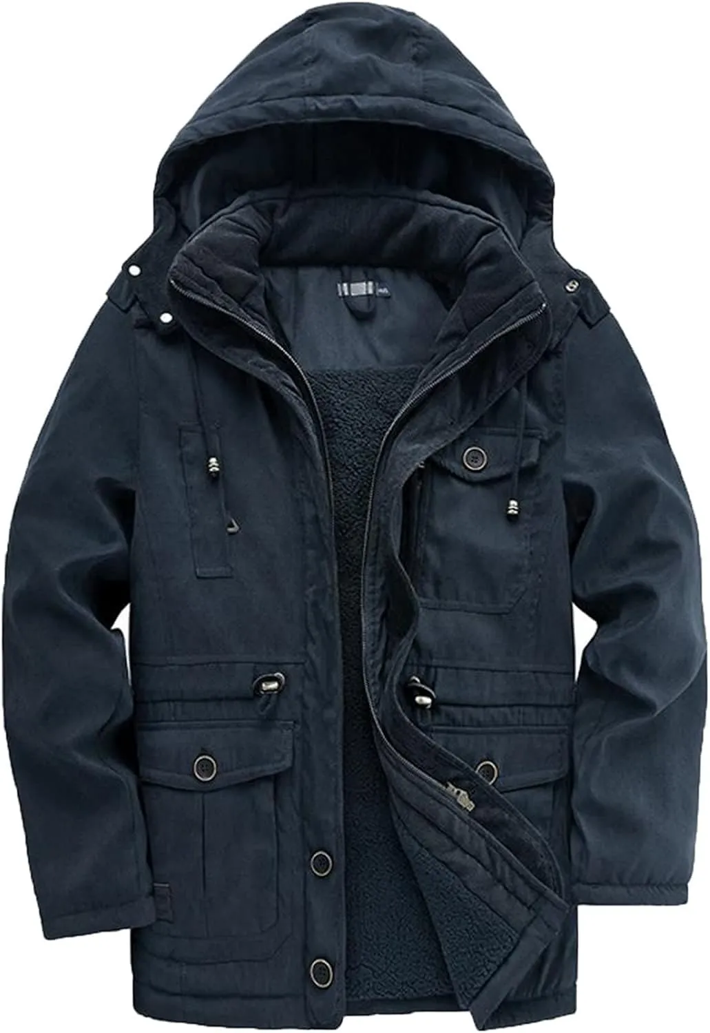 Men's Cargo Jacket 2023 Winter Warm Coats Fleece Lined Jackets with Removable Hood Ski Snow Mountain Windproof Overcoat