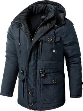 Men's Cargo Jacket 2023 Winter Warm Coats Fleece Lined Jackets with Removable Hood Ski Snow Mountain Windproof Overcoat
