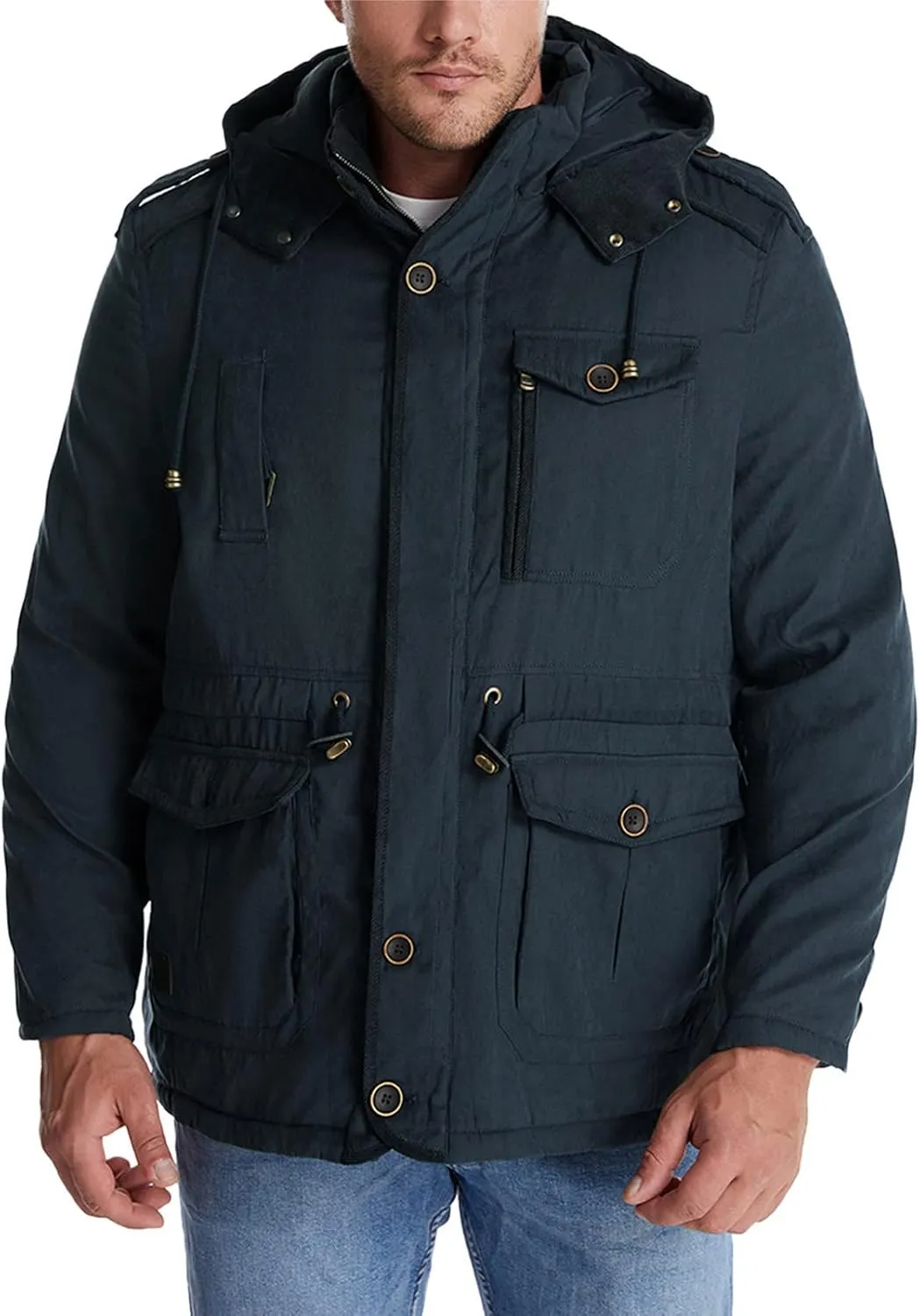 Men's Cargo Jacket 2023 Winter Warm Coats Fleece Lined Jackets with Removable Hood Ski Snow Mountain Windproof Overcoat