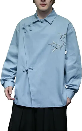Men's Spring Chinese Style Embroidered Denim Frog Button Long Sleeve Shirt