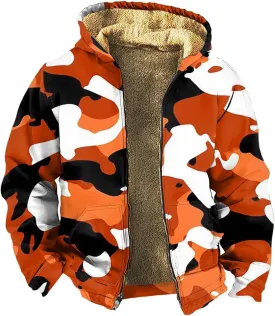 Mens Winter Camo Jacket Thickened Vintage Fashion Casual Padded Graphic Long Sleeve Warm Camo Coats