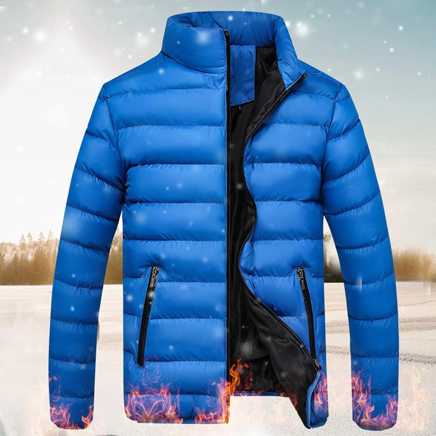 Mens Winter Puffer Jacket Full Zip Quilted Warm Packable Down Coats Lightweight Plus Size Puffy Stand Collar Jackets