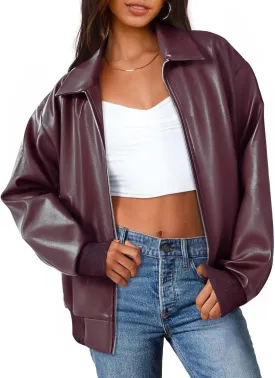 MEROKEETY Women's Oversized Faux Leather Jacket Fall Winter Zip Up Motorcycle Coats Fashion Outfits Clothes 2025