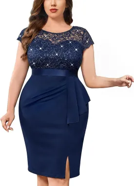 MISSMAY Women's Plus Size Sequin Floral Lace Ruffle Split Elegant Cocktail Party Dress