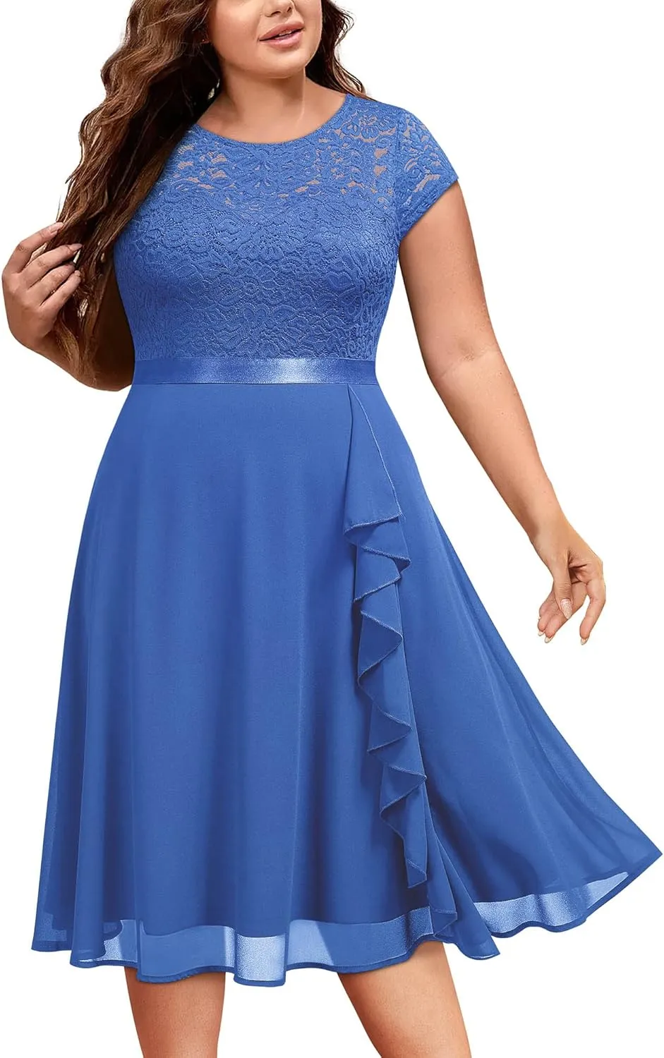 Miusol Women's Plus Size Ruffle Floral Lace Contrast Chiffon Formal Bridesmaid Party A-Line Cocktail Dress