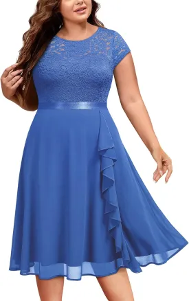 Miusol Women's Plus Size Ruffle Floral Lace Contrast Chiffon Formal Bridesmaid Party A-Line Cocktail Dress