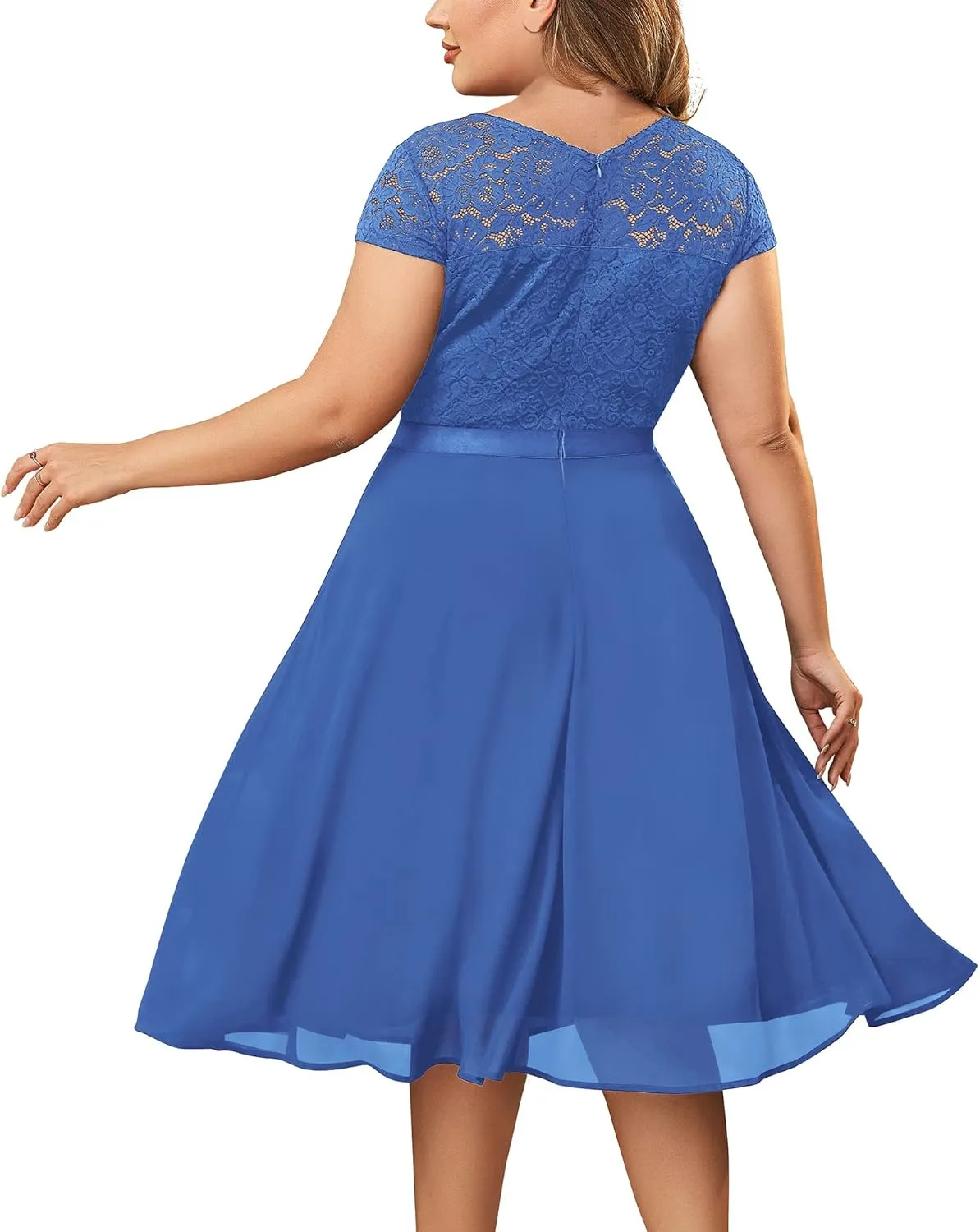 Miusol Women's Plus Size Ruffle Floral Lace Contrast Chiffon Formal Bridesmaid Party A-Line Cocktail Dress