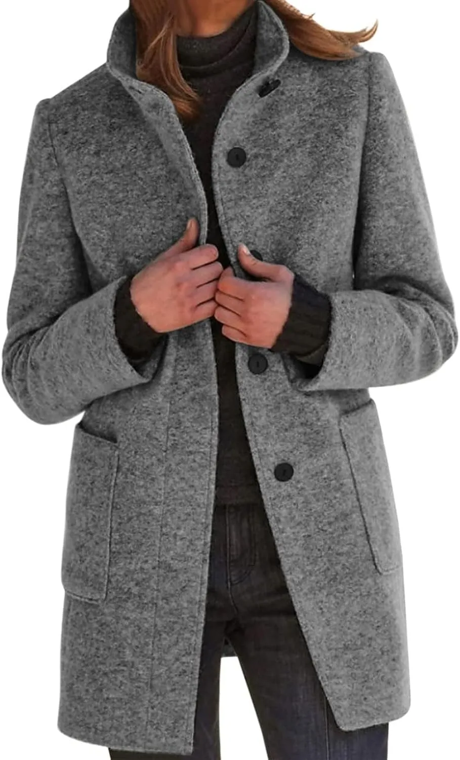 Mmoneyake Long Pea Coats for Women Fall Winter Wool Coats Casual Thicken Stand Collar Single Breasted Peacoat Blazer Jacket