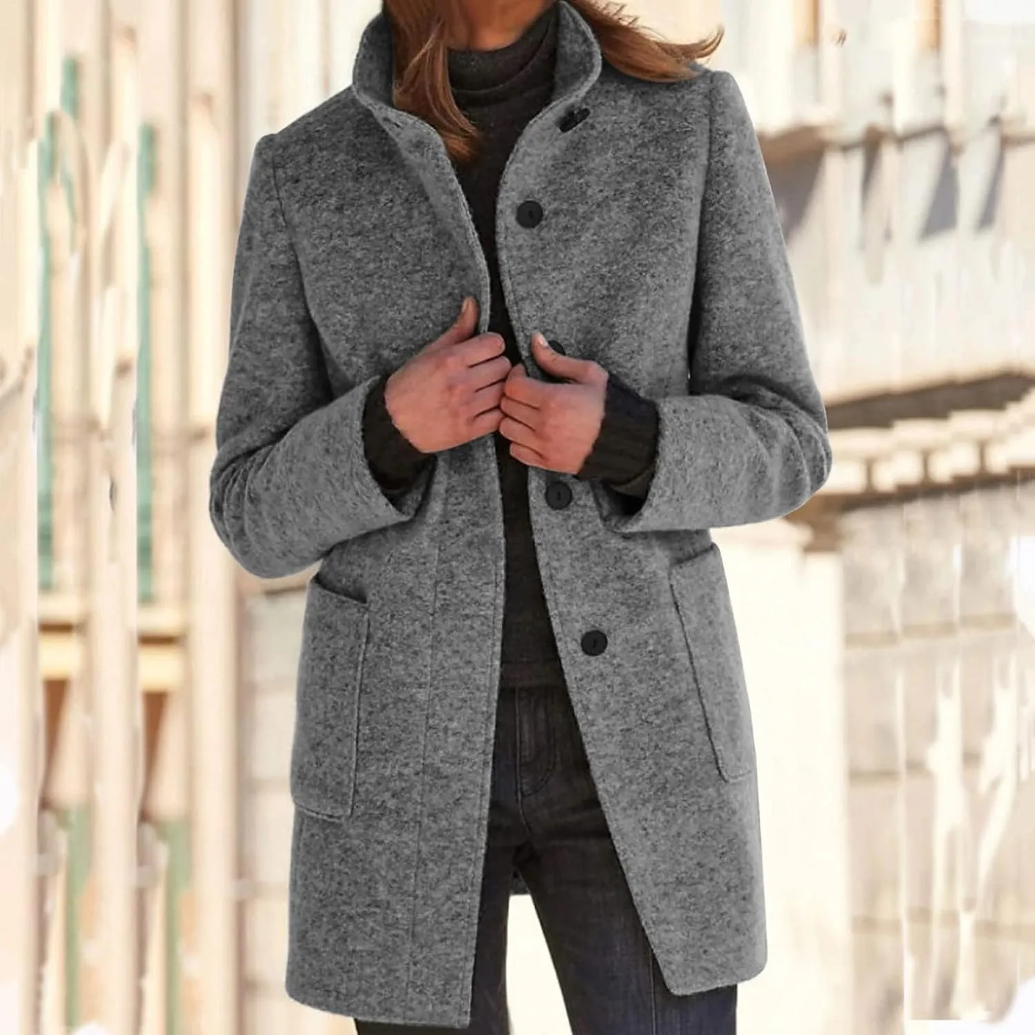 Mmoneyake Long Pea Coats for Women Fall Winter Wool Coats Casual Thicken Stand Collar Single Breasted Peacoat Blazer Jacket
