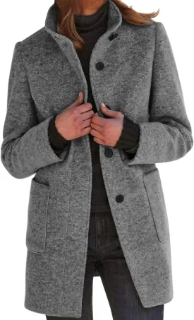 Mmoneyake Long Pea Coats for Women Fall Winter Wool Coats Casual Thicken Stand Collar Single Breasted Peacoat Blazer Jacket