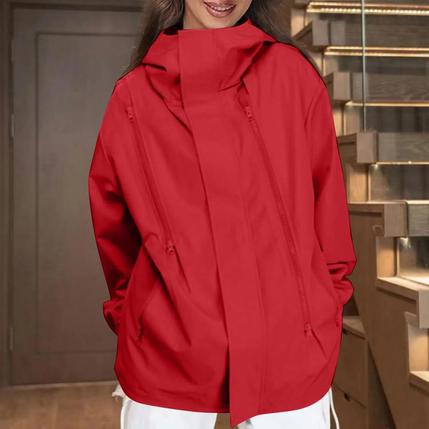 Oversized Waterproof Rain Jacket for Women Full Zip Up Lightweight Rain Coat Outdoor Windbreaker Hooded Coats