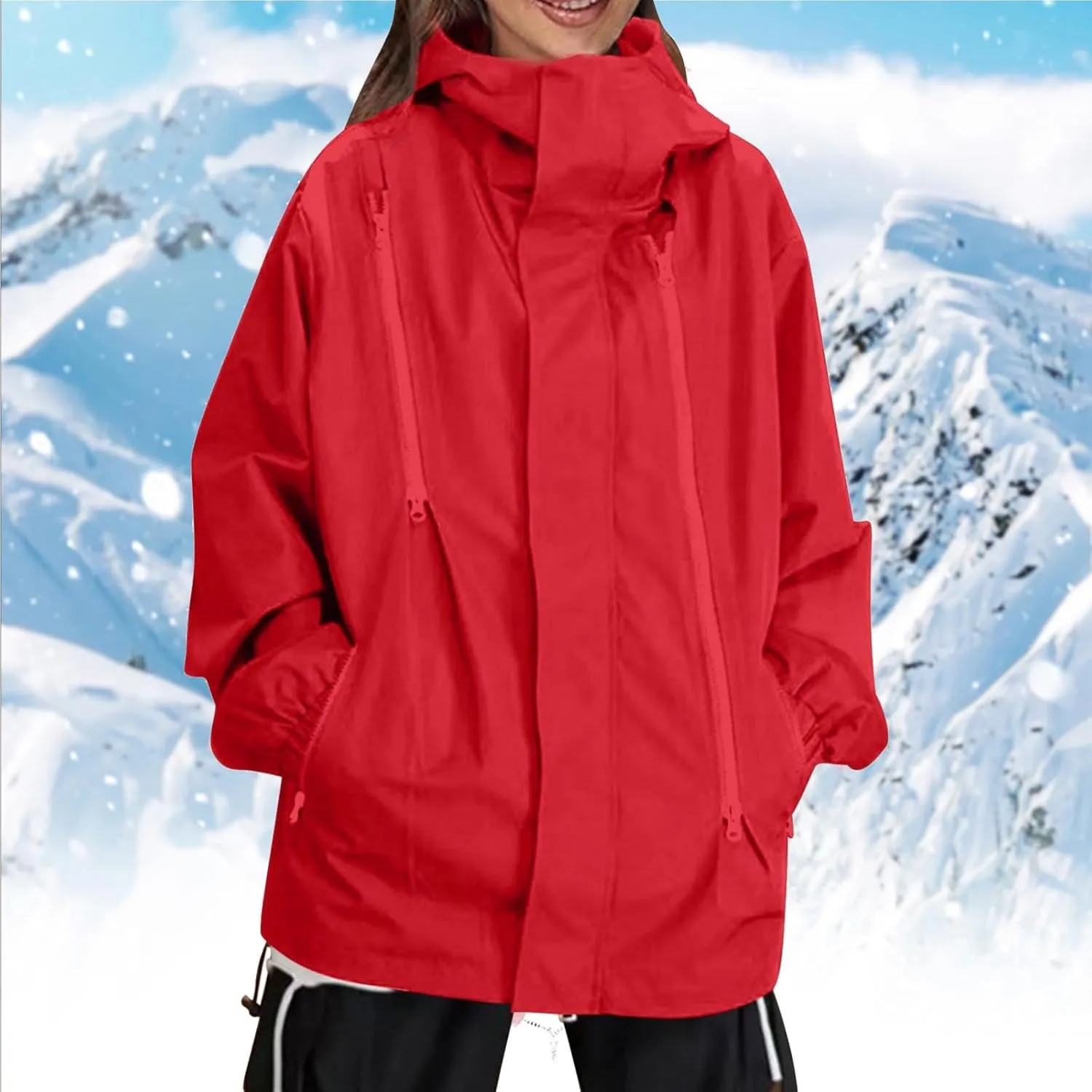 Oversized Waterproof Rain Jacket for Women Full Zip Up Lightweight Rain Coat Outdoor Windbreaker Hooded Coats