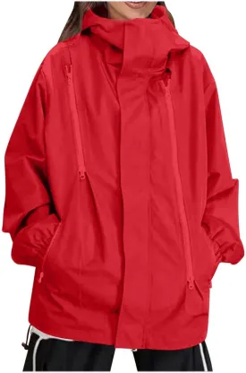 Oversized Waterproof Rain Jacket for Women Full Zip Up Lightweight Rain Coat Outdoor Windbreaker Hooded Coats