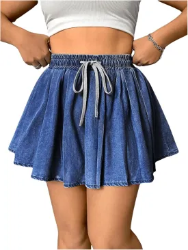 OYOANGLE Women's Plus Size Drawstring Waist Denim Skirts Y2k Ruffle Pleated Short Skirt