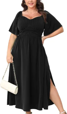 Plus Size Dress Wedding Guest Semi Formal Ruffle Short Sleeve Sweetheart Neckline Slit A Line Flowy Maxi Dresses