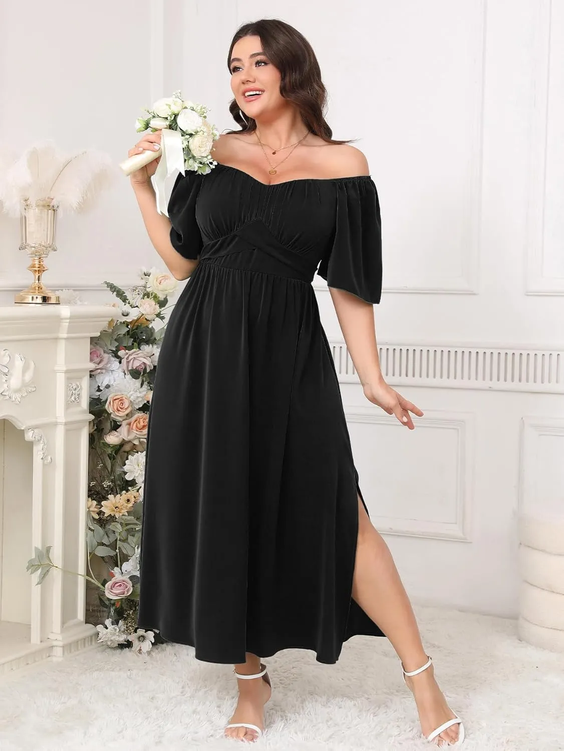 Plus Size Dress Wedding Guest Semi Formal Ruffle Short Sleeve Sweetheart Neckline Slit A Line Flowy Maxi Dresses