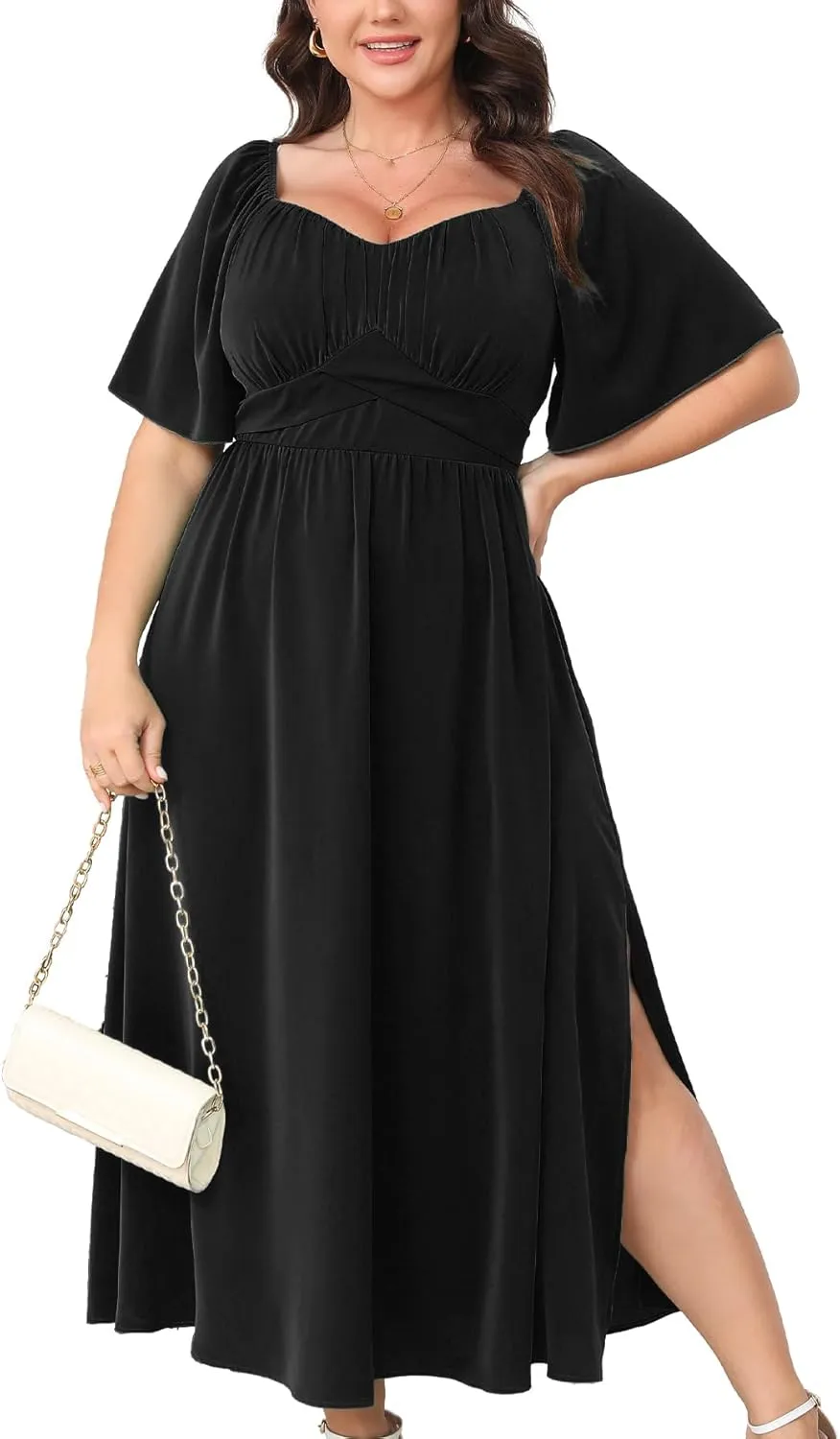 Plus Size Dress Wedding Guest Semi Formal Ruffle Short Sleeve Sweetheart Neckline Slit A Line Flowy Maxi Dresses