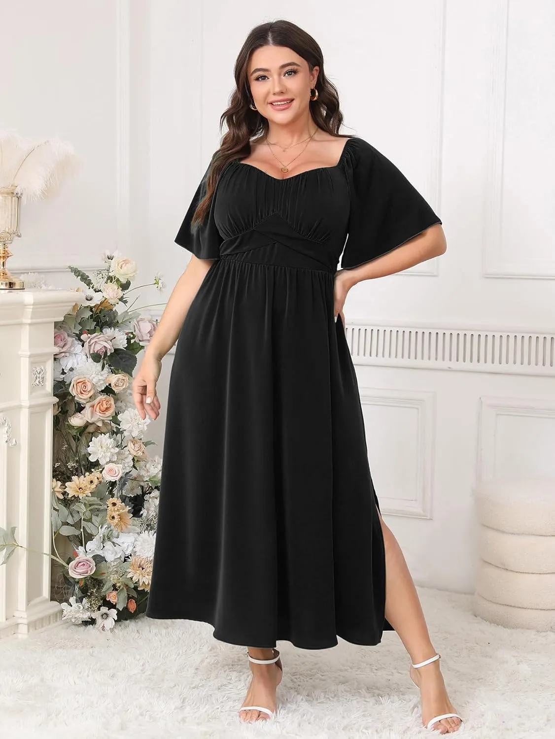 Plus Size Dress Wedding Guest Semi Formal Ruffle Short Sleeve Sweetheart Neckline Slit A Line Flowy Maxi Dresses