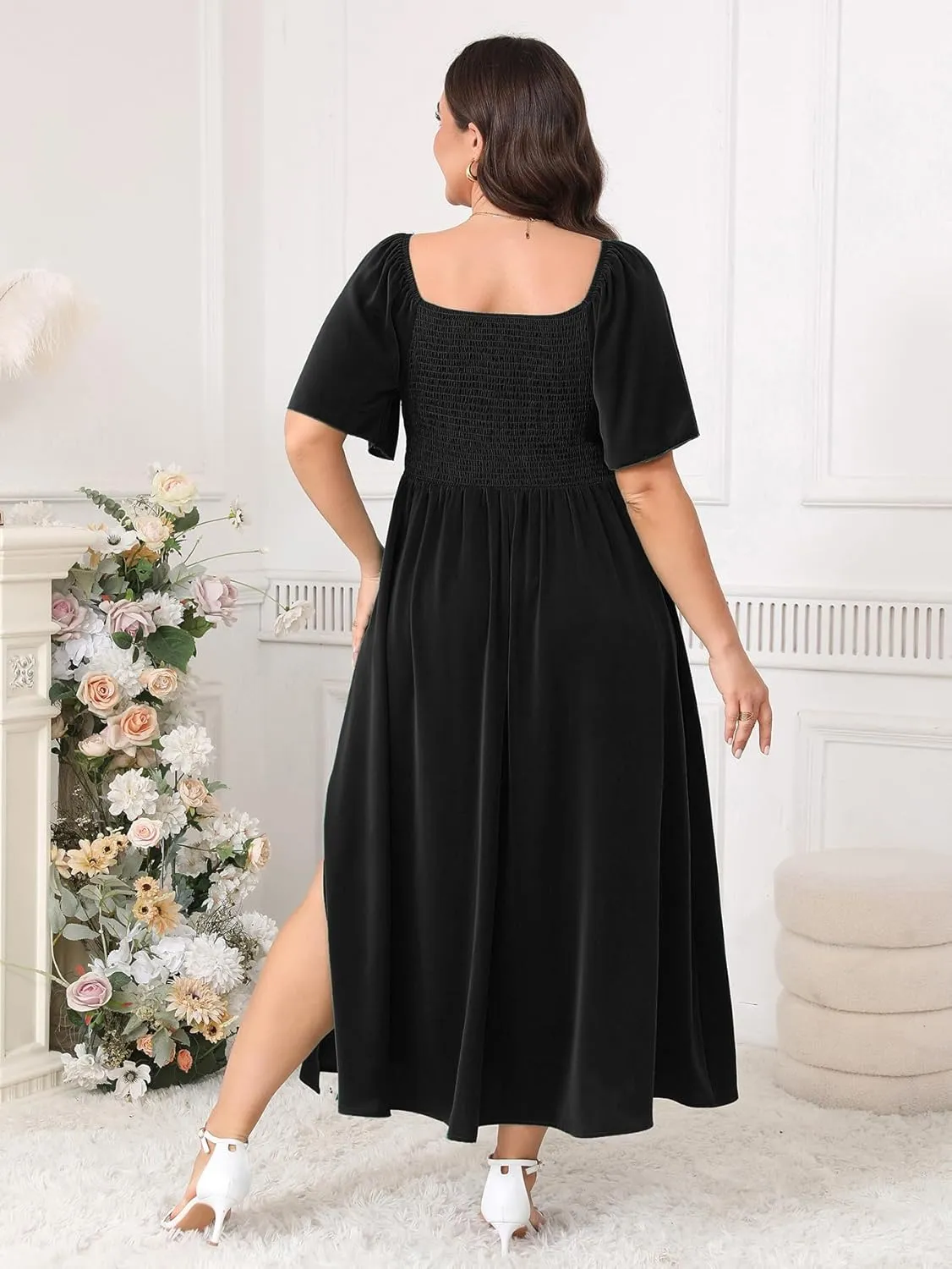Plus Size Dress Wedding Guest Semi Formal Ruffle Short Sleeve Sweetheart Neckline Slit A Line Flowy Maxi Dresses