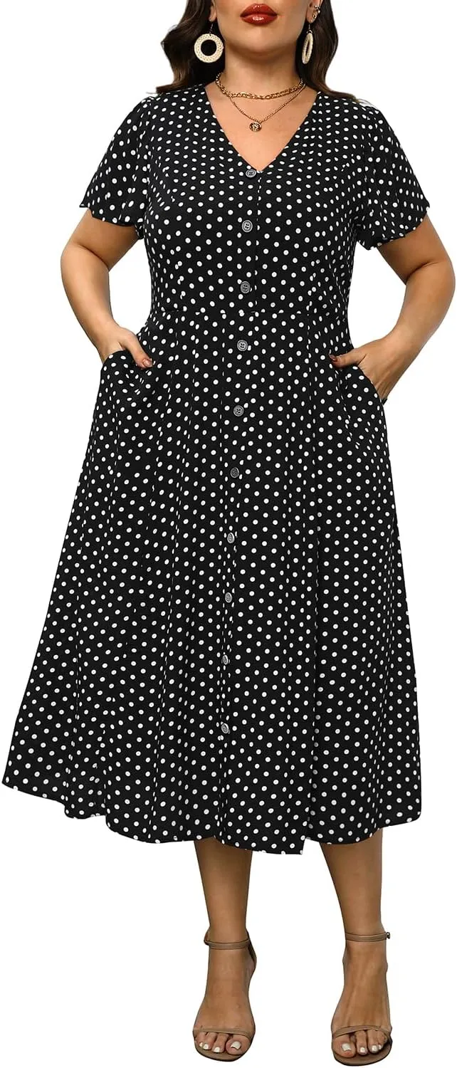 Plus Size Summer Dresses - Casual Work Boho Button Front Floral Midi Dress with Pockets