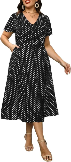 Plus Size Summer Dresses - Casual Work Boho Button Front Floral Midi Dress with Pockets
