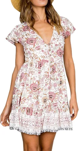 R.Vivimos Women's Short Sleeve Floral Print V Neck Cotton Tunic Dress