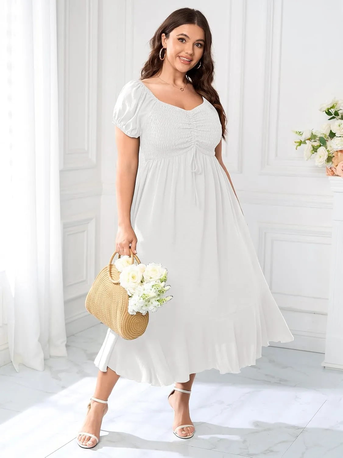 SCOMCHIC Womens Plus Size Summer Maxi Dress Ruched Front Square Neck Smocked Flowy A Line Formal Wedding Guest Dresses