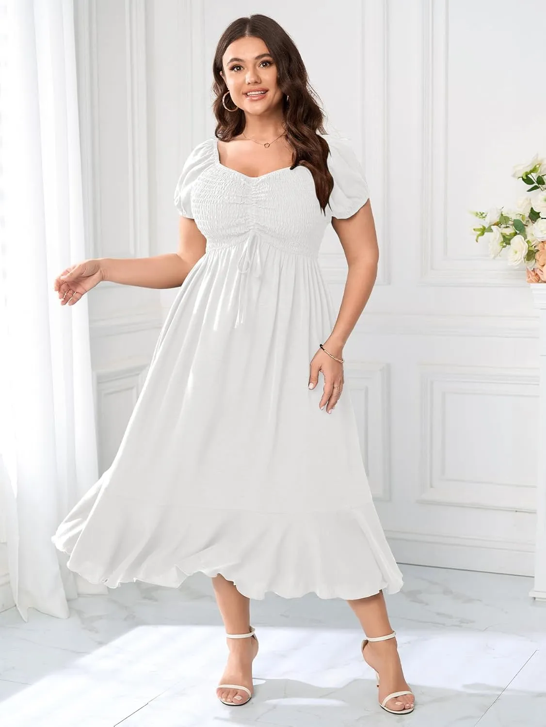 SCOMCHIC Womens Plus Size Summer Maxi Dress Ruched Front Square Neck Smocked Flowy A Line Formal Wedding Guest Dresses