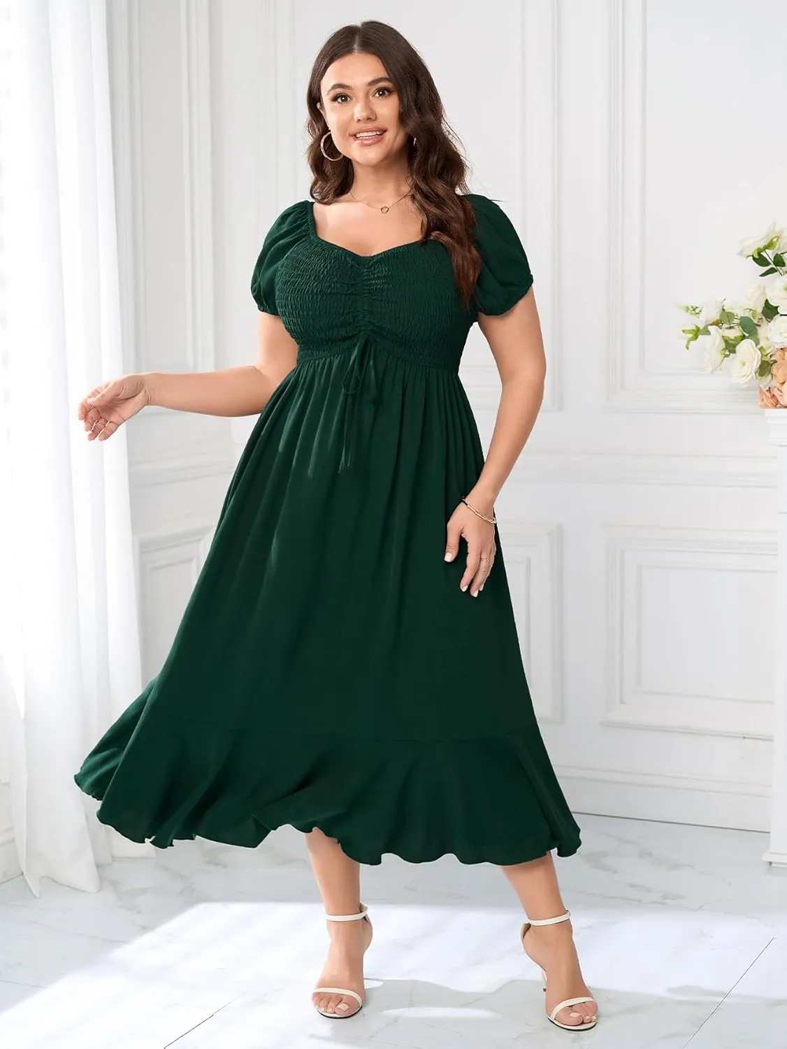 SCOMCHIC Womens Plus Size Summer Maxi Dress Ruched Front Square Neck Smocked Flowy A Line Formal Wedding Guest Dresses