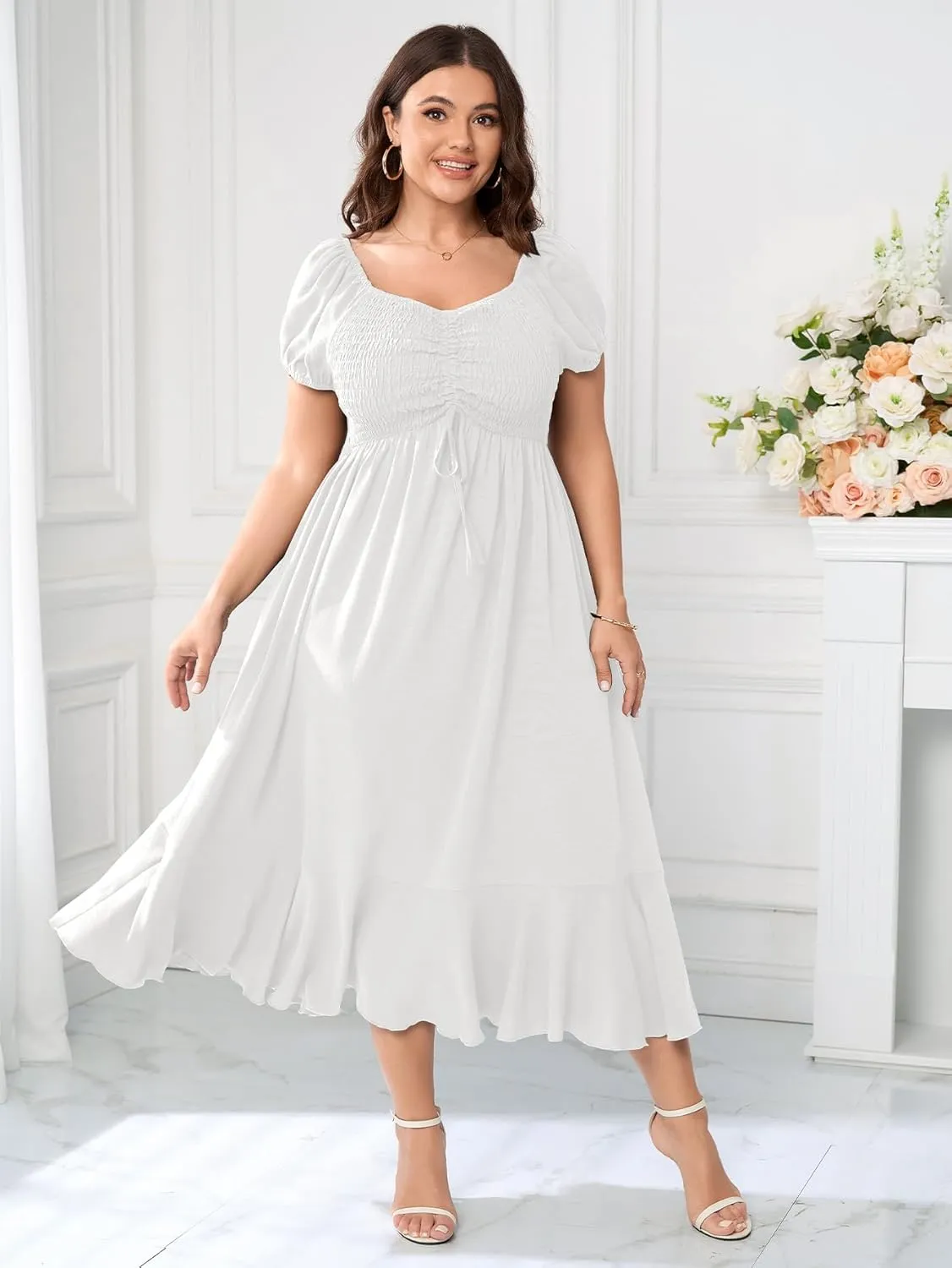 SCOMCHIC Womens Plus Size Summer Maxi Dress Ruched Front Square Neck Smocked Flowy A Line Formal Wedding Guest Dresses